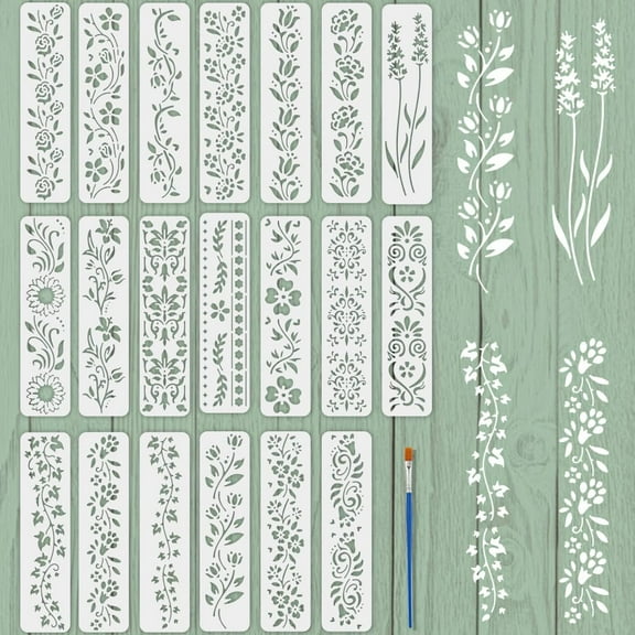 20 PCS Strip Lace Stencils 11.8x3inch Floral Leaf Stencil Flower Leaves Border Template Reusable Plant Theme Painting Template for Crafts Drawing Card Making Wall Decoration