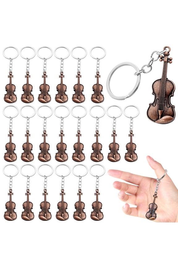 20 PCS Violin Keychain, Red Copper Metal Violin Keyring, Music Party Favors for Violin Lovers, Backpack Charms, Car and House Keys, Violin Charm Key Ring for Men and Women