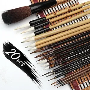 20 PCS Writing Brush Set - Chinese Calligraphy Brushes with Kanji, Japanese Sumi Painting & Drawing Brushes, 19 Piece/Set + Roll-up Bamboo Brush Holder