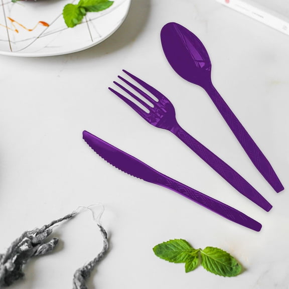 20 PCs Purple Plastic Silverware - Disposable Cutlery Set with Forks, Knives, Spoons, Plastic Utensils for Weddings, Parties & Events