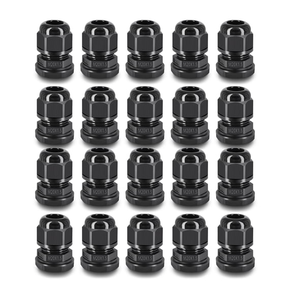20 PK NineLeaf Waterproof Cable Glands Joints Adjustable Locknut for 6-12mm Cable Diameter ,M20x1.5 Black Compression Nylon Cable Connectors,20mm Diameter Titting Hole Glands, IP66 for Outdoor Use
