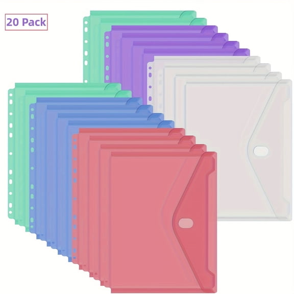 20 Pack 11 Holes Binder Pockets, Poly Envelope Binders Pocket, Binder Inserts with Hook and Loop Closure, Letter Size Binder Folders for Office (Multicolor)
