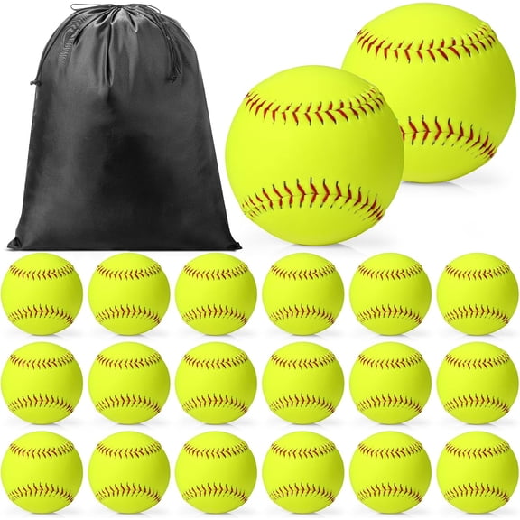 20-Pack 11-Inch Practice Softballs with Mesh Bag, Synthetic Leather-Covered Training Softballs for Fastpitch and Slowpitch, Bright White with Red Stitching