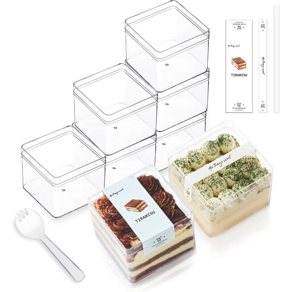 20 Pack 12OZ Square Clear Plastic Dessert Cups with  and Sporks&Stickers Disposable Parfait Cups with Lid,Tiramisu container with lid,Cupcake,Parfait,Pudding,Iced Cold Drinks,Fruits