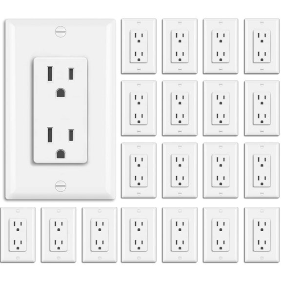 20 Pack 15 Amp Decorator Wall Recta Outlet, Non-Tamper-Restant, Wallplate Included, 15A/125V/1875W, UL Lted, White