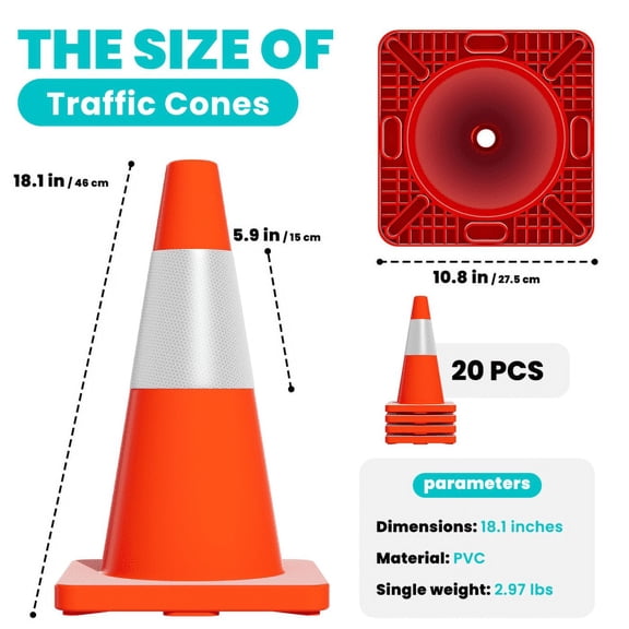 20-Pack 18.1-inch PVC Traffic Cones with Reflective Collars: Sturdy, Stackable, High-Visibility for Road Construction Safety