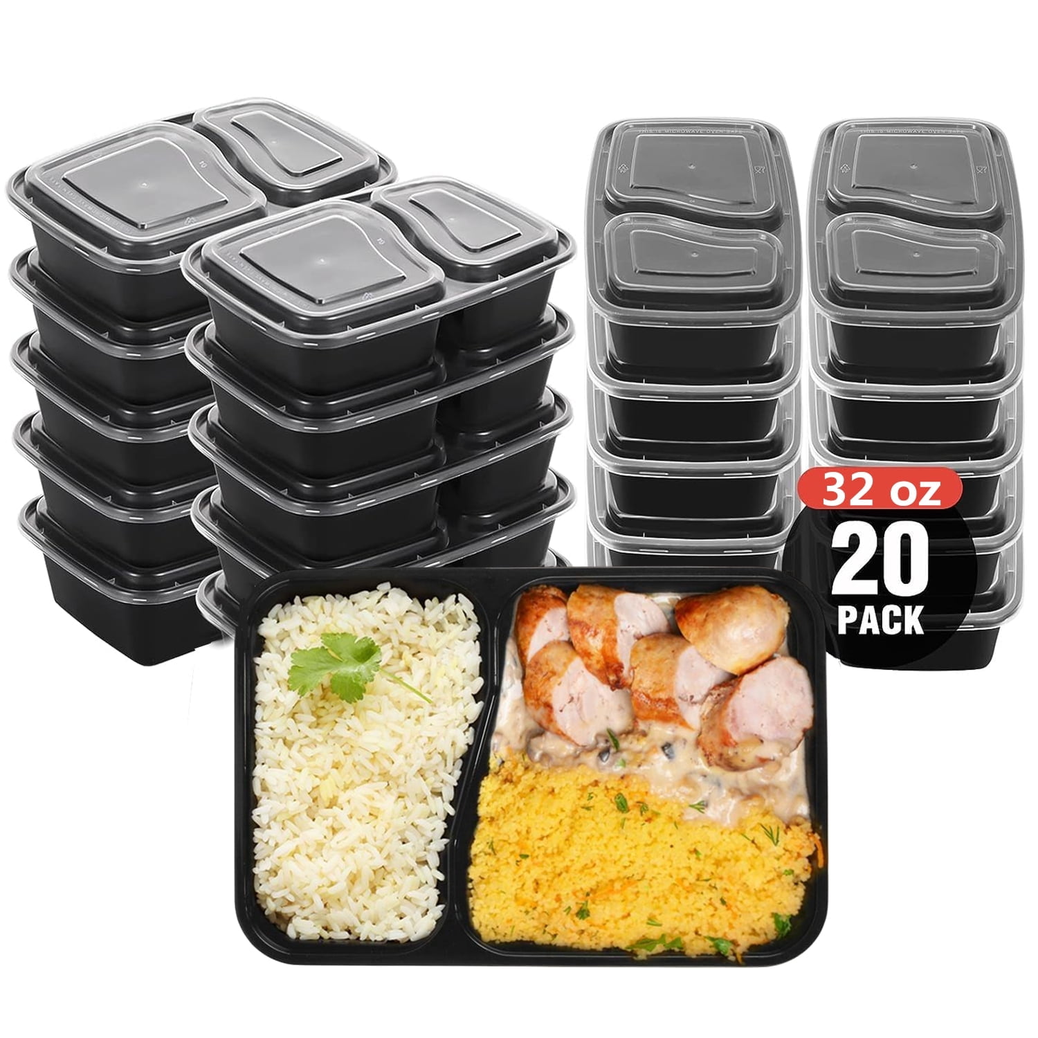 Ryhampaper Food Prep Container with Lids, 32oz to Go Containers, 20 Pack 2 Compartment for Lunch/Deli/Takeout/Leftover, BPA Free Freezer
