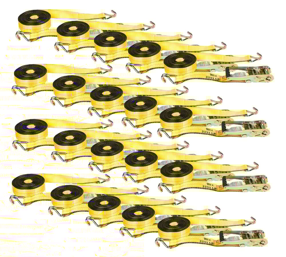 20 Pack 2 Inch x 30 FT Yellow Ratchet Strap with J Hooks - 10,000 Lbs Breaking Strength - Heavy Duty Tie Down Cargo Truck Straps with Wire Hooks for Flatbed, Truck, Trailers Pickup