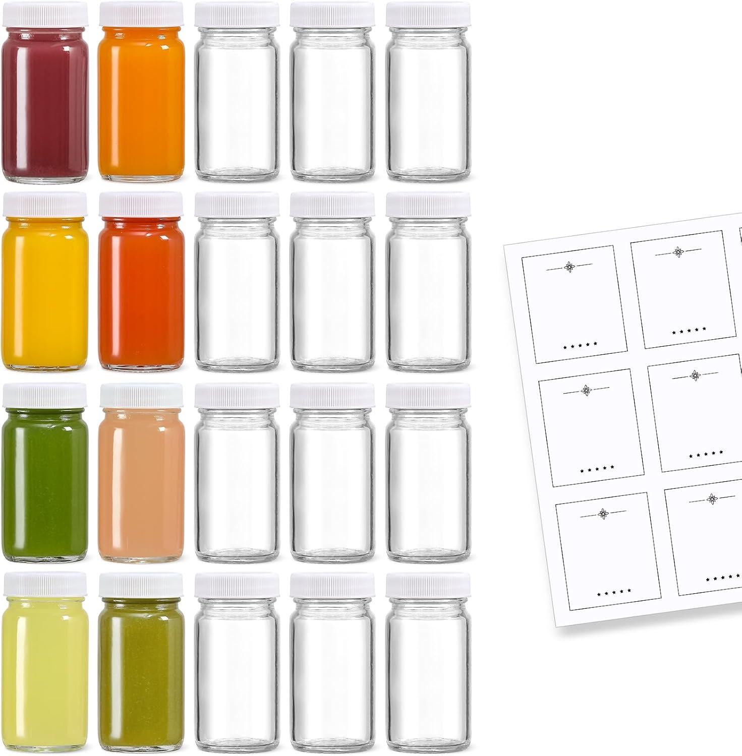 Spent Shot Labels 20 Pack 2 oz Glass Shot Bottles w/ White Lids & 20 Labels - Small Clear ...