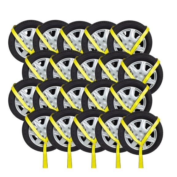 (20 Pack) 2" x12' Winch Lasso Strap with O Ring, Yellow - Car Tie Down Tire Straps for Trailers Auto Tow Car Hauler Wheel Net