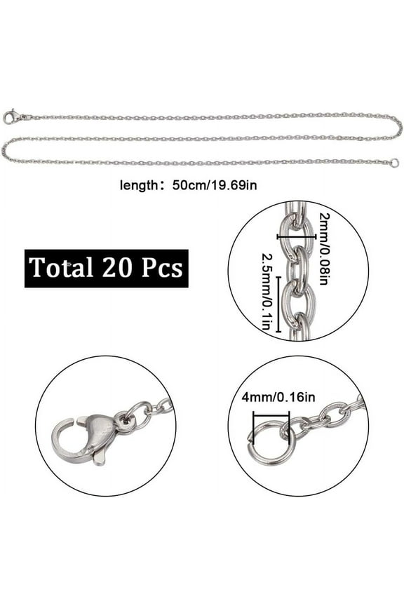 20 Pack 20 Inch/ 0.5m 2mm Stainless Steel Necklace Chains Bulk Silver Necklace Making Metal Lobster Claw Clasps Cable Chains Necklaces Bulk for Jewelry Making Supplies Women Adult DIY