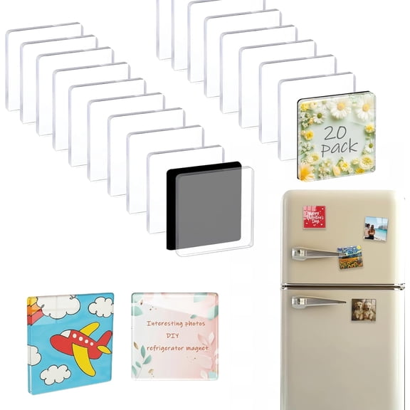 20-Pack 2x2 Inch Clear Acrylic Magnets with Strong Adhesive Backing, Easy Peel & Stick Square Photo Frames for DIY Fridge, Whiteboard, Scrapbooking, Office & Classroom Decor (20)