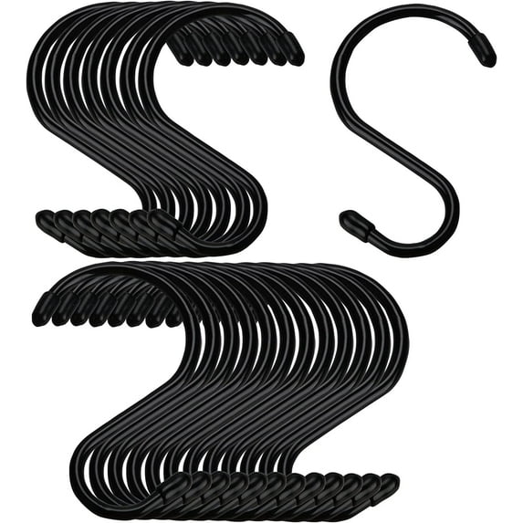 20 Pack 3 inch Small S Hook, Vinyl Coated S Hooks with Rubber Stopper Non Slip S Hook, Steel Metal Black Rubber Coated Closet S Hooks for Hanging Jeans Plants Jewelry Pot Pan Cups Towels, Black