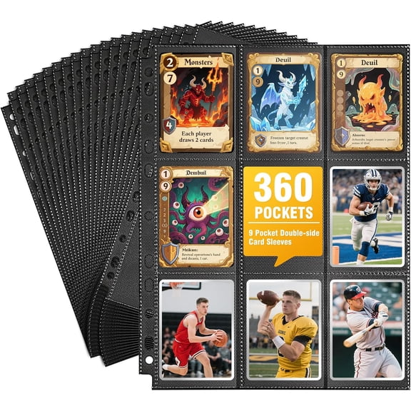 20 Pack 360 Pockets Black Trading Card Sleeves Binder Sheets, Double Sided Thicken Game Card Sleeves for 3 Ring Binder, 9 Pocket Side Loading Page Protector for MTG, Yugioh, Game, Baseball Cards