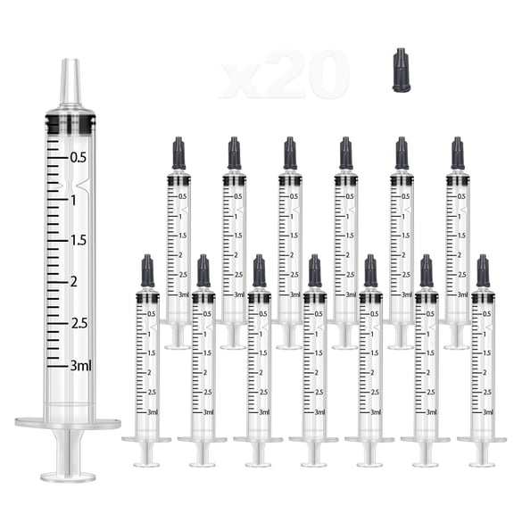 20 Pack 3ml Plastic Syringe with caps,for Industrial & Scientific Labs, Feeding Pets, Refilling and Measuring Liquids