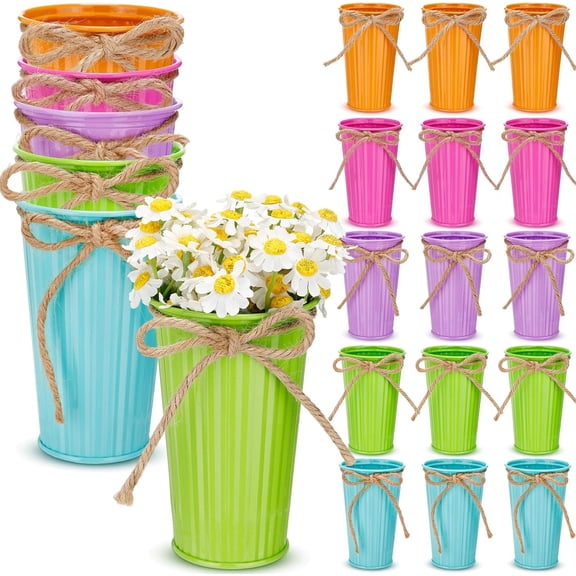20 Pack 4.3 Inch Galvanized Metal Flower Vases Bulk Small Floral Flower Bucket Rustic Vintage Farmhouse Vases for Centerpiece Country Wedding Party Decor Western Home Table(Bright Color)