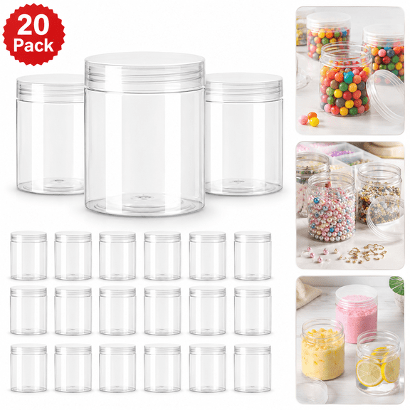 20 Pack 4oz Clear Plastic Jars with Lids,125ml Wide-Mouth Refillable Storage Containers,Empty Round Containers for Candy,Beads,Lotion,Slime Making and Food Storage