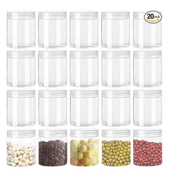 20 Pack 4oz Clear Plastic Jars with Lids,Wide-Mouth Refillable Storage Containers,Empty Round Containers for Candy,Beads,Lotion,Slime Making and Food Storage