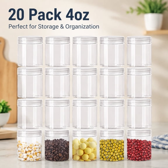20 Pack 4oz Clear Plastic Jars with Lids, 115ml Wide-Mouth Refillable Storage Containers for Candy, Beads, Lotion, Slime, and Food Storage