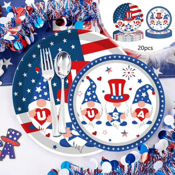 20 Pack 4th of July Paper Plates,9" And 7" Happy Independence Day Cute Gnome Disposable Plates Decorative Dinner Plates for Memorial Veterans Day Party Decoration