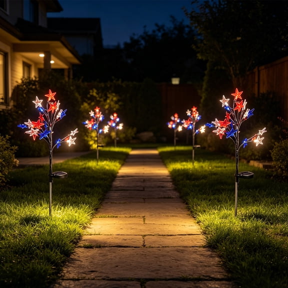 20 Pack 4th of July Solar Star Pathway Lights, Red White Blue Outdoor LED Decor Lights, Waterproof Landscape Lighting for Independence Day Yard