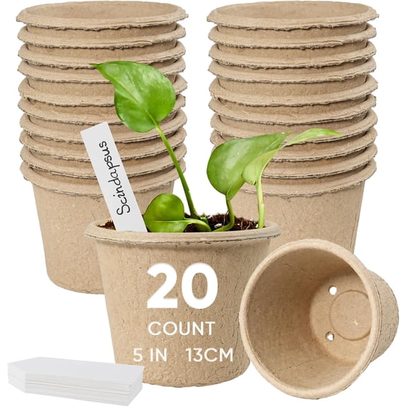 20 Pack 5 Inch Biodegradable Nursery Peat Pots | Includes Plant Labels, Drainage Holes, Large Seedling Pots, Outdoor Transplanting