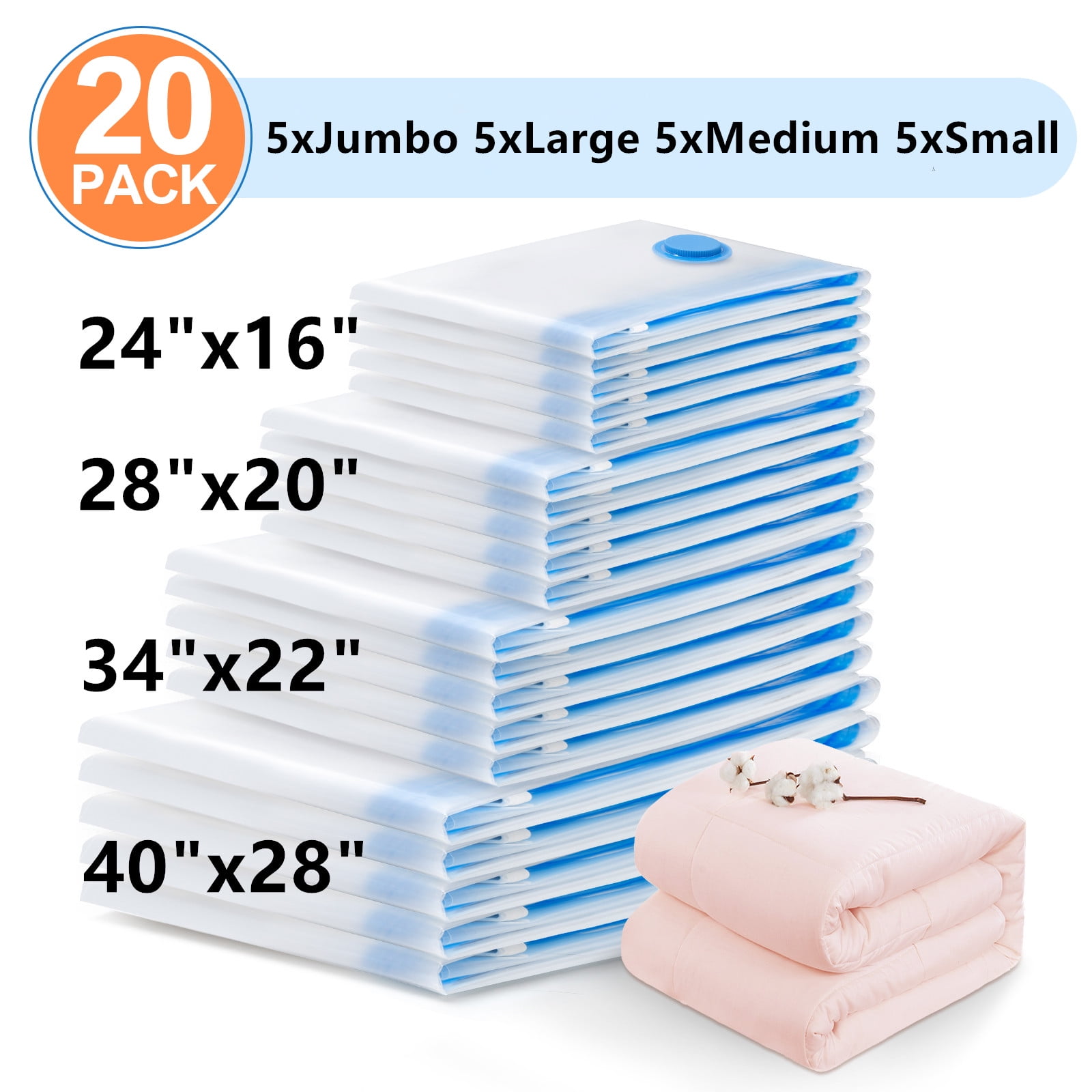 20 Pack：5 Jumbo 5 Large 5 Medium 5 Small Vacuum Storage Bags Dual