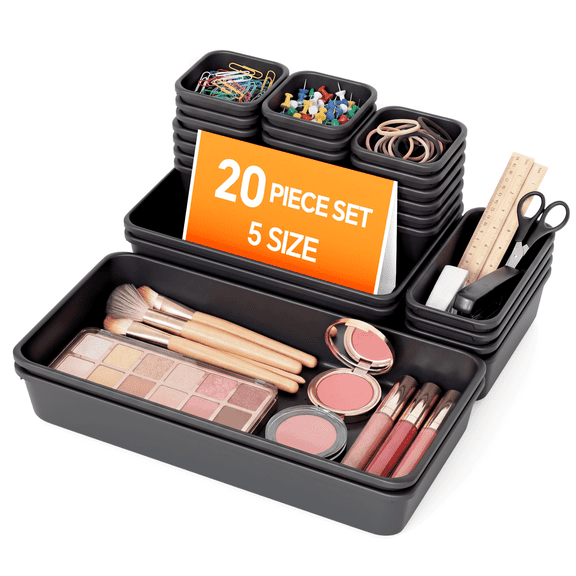 HAIDAIYA 20 Pack Drawer Organizer Trays Set, 5 Sizes Plastic Divider Storage Bins for Desk, Makeup, Tool Box, Jewelry (Black)
