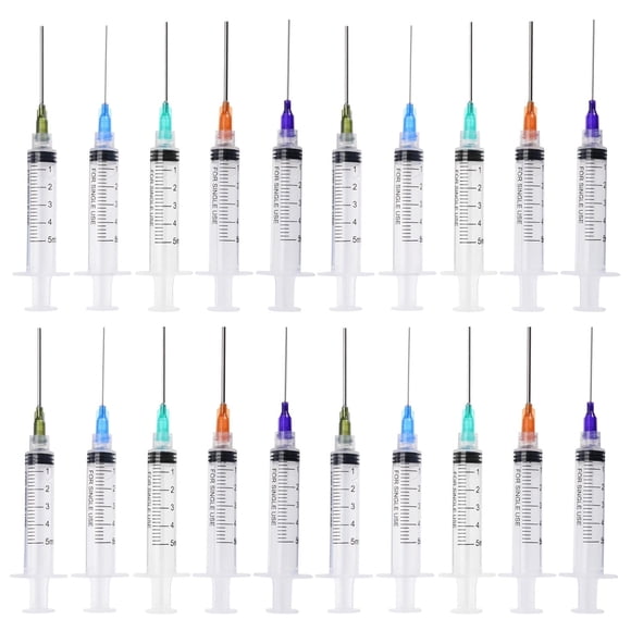 SKYPRO 20 pack 5ml Ink Filling Plastic Syringe Luer Lock Plastic Syringes with Platic 1.5'' Blunt Needle Tip for Liquid Glue Oil Ink