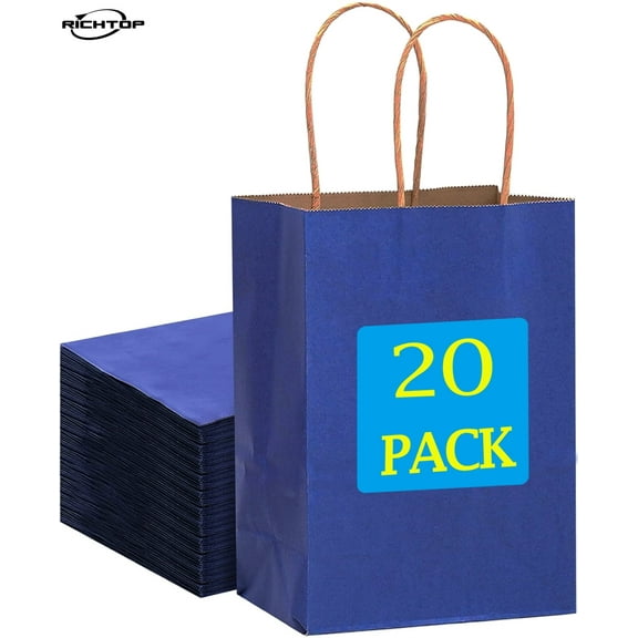 20 Pack 6.3x3.1x8.3 Inch Small Navy Blue Kraft Paper Bags with Handles Bulk, Gift Wrap Bags for Party Favor Birthday Shopping Goody Craft
