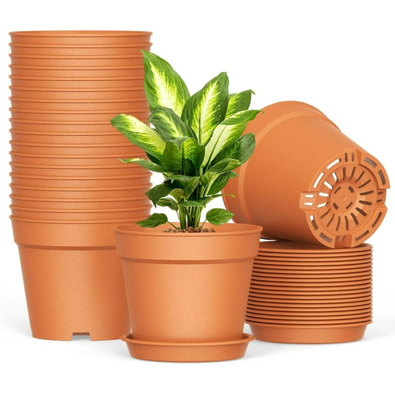 20 Pack 6 Inch Plant Pots with Drainage and Saucers, Plastic Flower Pots for Indoor and Outdoor Plants, Stackable Nursery Planters for Houseplants and Herbs, Terracotta