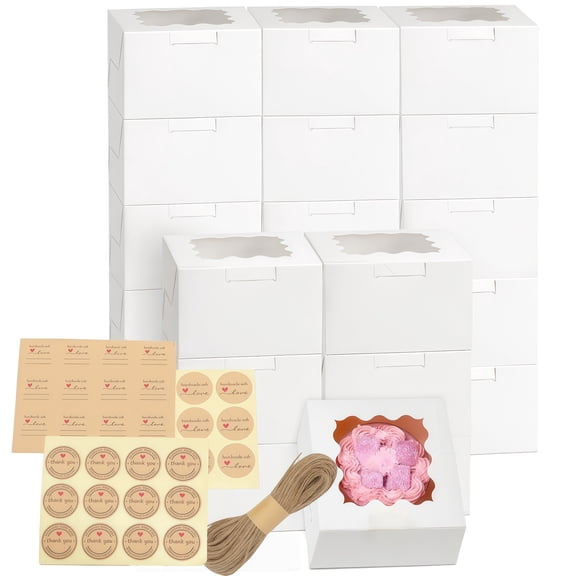 20 Pack 6" Square Clear Window Cupcake Boxes, White Disposable Bakery Treat Containers with Twine & Stickers, Pastry Packaging for Muffins, Cookies, Desserts, Wedding & Party Gift Wrapping