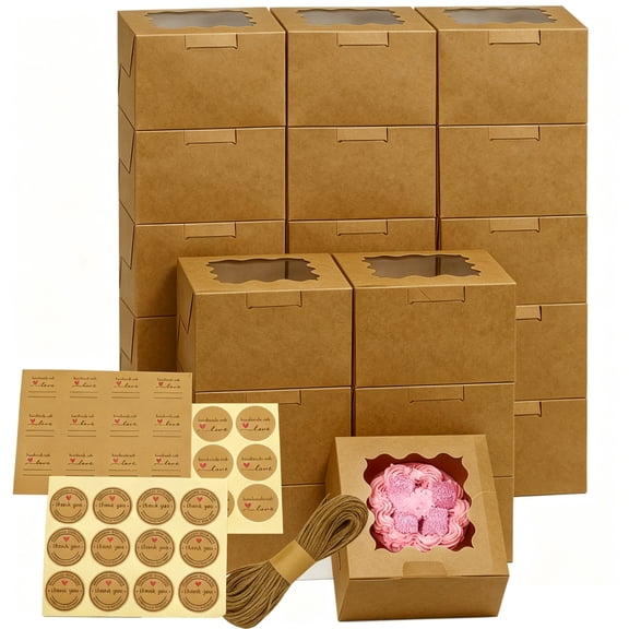 20 Pack 6" Square Cupcake Boxes with Clear Window,Brown Disposable Cupcake Treat Boxes with Natural Jute Twine & Stickers, Paper Gift Boxes for Cookies Muffins Dessert Wedding Party Packaging