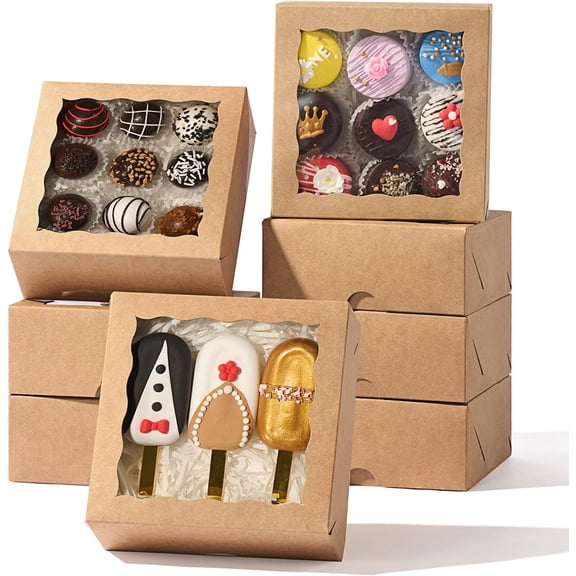 20 Pack 6x6x2.5 Inch Brown Pastries Boxes with Window for Cookie, Cake, Macaron, Pie, Bath Bombs,Chocolate Covered Strawberries & More