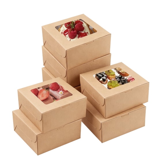 20 Pack 6x6x3 Inch Bakery Boxes, Brown Top-Loading Pastry Boxes with Window for Cakes, Donuts, Muffins, Cookies, Dessert Boxes