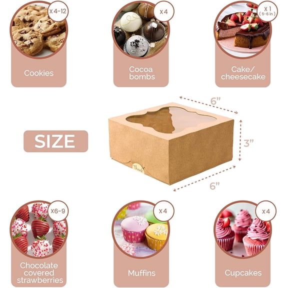 20-Pack 6x6x3in Cookie Boxes, Extra Thick White Bakery Boxes with Window – Holiday Deal, Perfect for Cookies, Cupcakes, Treats, Strawberries & Desserts