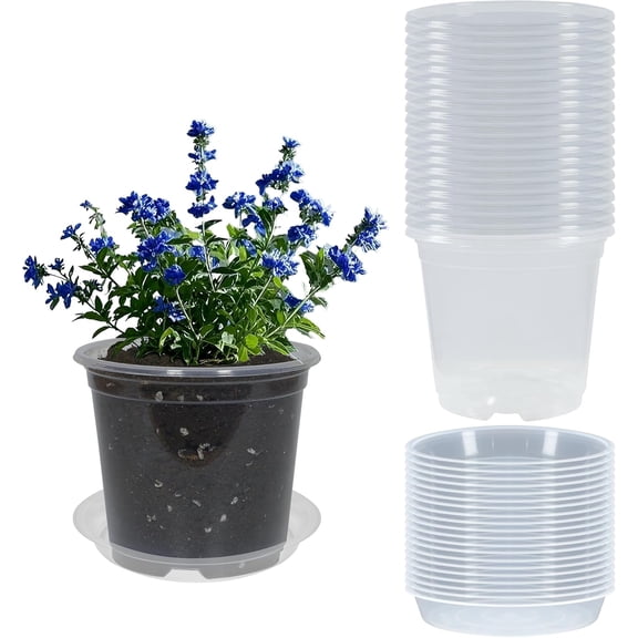 20 Pack 7 Inch Nursery Pots with Drainage and 20 Pack Plant Saucers, Plant Pots for Plants Transparent Flower Potting Containers for Plants Clear Seeding Starter Pot (Clear, 7 Inch)