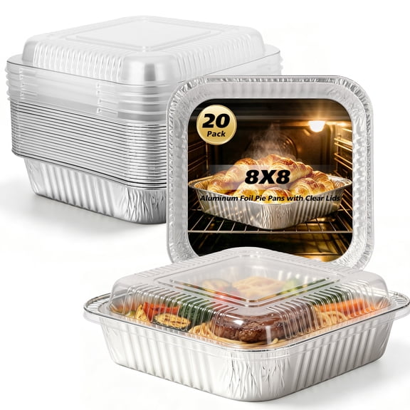 20 Pack Square Aluminum Pans,Disposable Baking Cake Pans with Clear Plastic Lids,8” x 8”