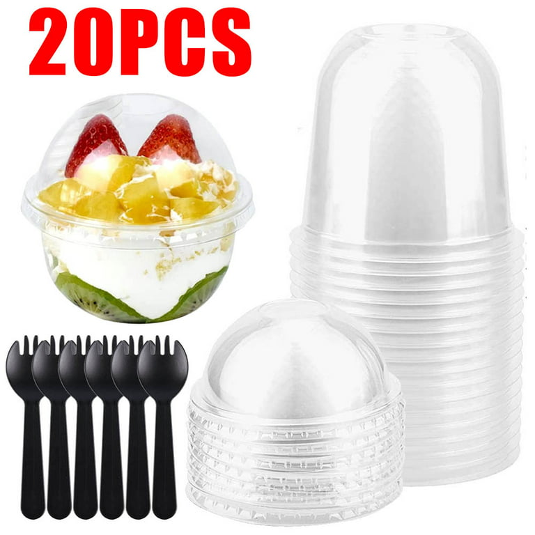 Dessert Cups with Dome Lids Disposable Plastic Cups with Lids Clear Pet Ice Cream Cups (No Hole), Sporks and Stickers for Plastic Fruit, Cake and Mini