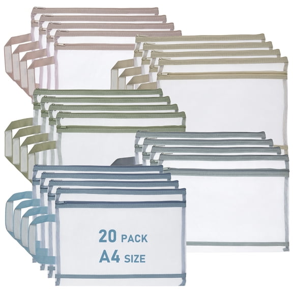 20 Pack A4 Mesh Zipper File Pouches, 13.4 x 9.8 in Nylon Mesh Document Bags with Handle and Label Pocket, 5 Morandi Colors for Office School Home