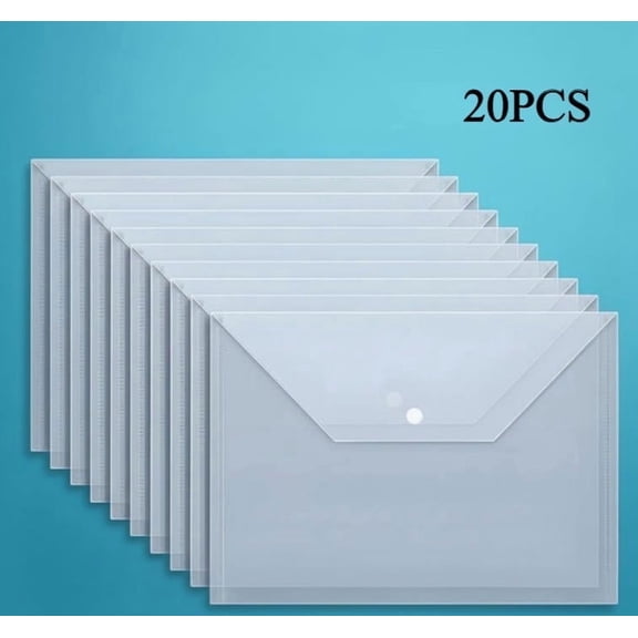 20-Pack A4 Transparent PP File Folders with Snap Closure - Waterproof Wear-Resistant Document Bags, Assorted Colors for Archiving & Stationery Storage
