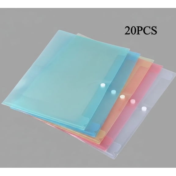 20-Pack A4 Transparent PP File Folders with Snap Closure - Waterproof Wear-Resistant Document Bags, Assorted Colors for Archiving & Stationery Storage