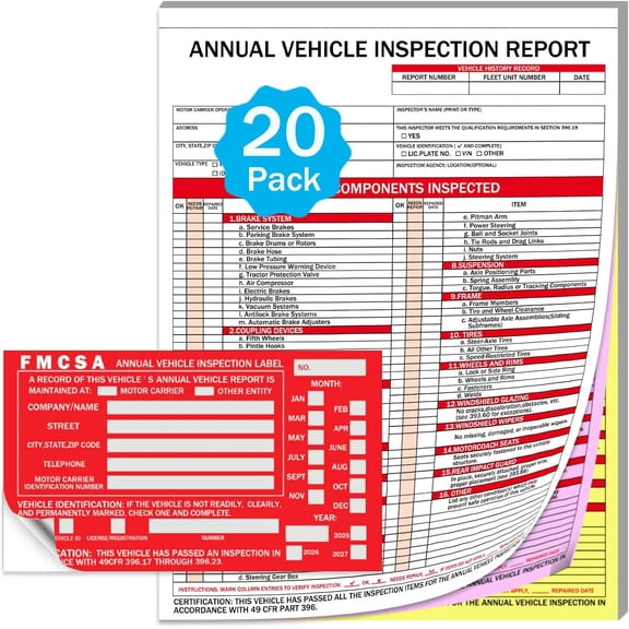 20-Pack Annual Vehicle Inspection Report Forms with Red FMCSA Aluminum Labels, 3-Ply Carbonless with Tearing Line, Durable & Easy to Use for Driver Vehicle Inspections, DOT Compliant