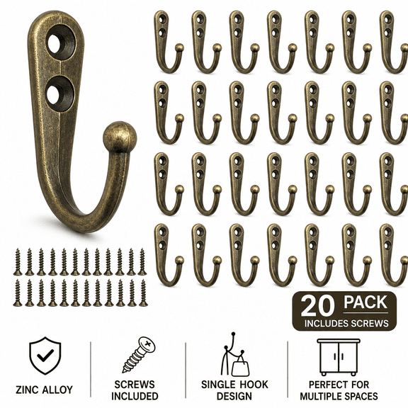 20-Pack Antique Bronze Single Coat Hooks with Mounting Screws