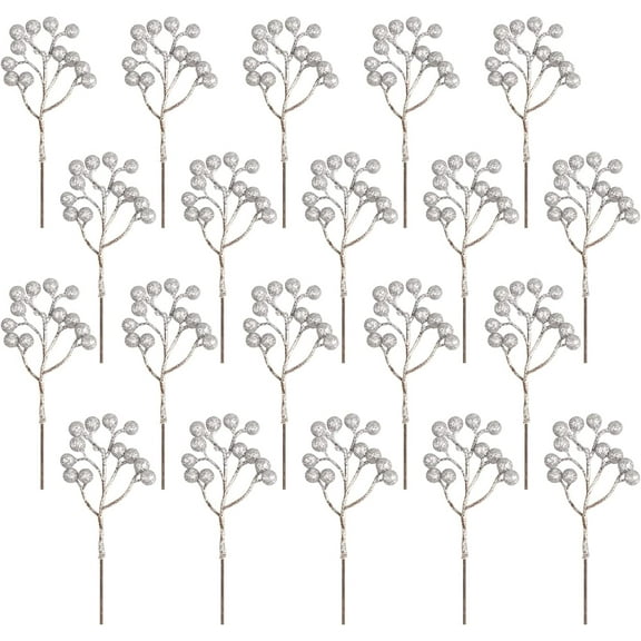 20 Pack Artificial Silver Berry Stems, 7.1 Inch Burgundy Silver Berry Picks Holly Berries Branches for Christmas Tree Decorations Crafts Wedding Holiday Season Winter Décor Home Decor