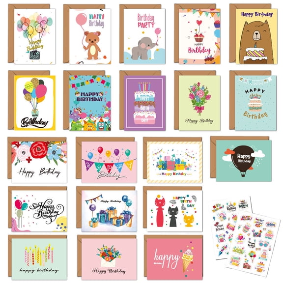 20 Pack Birthday Cards Assortment with Envelopes & Stickers | 4x6 Inches Blank Happy Birthday Cards in Bulk for Family, Kids, Friends, Work & Office Celebrations