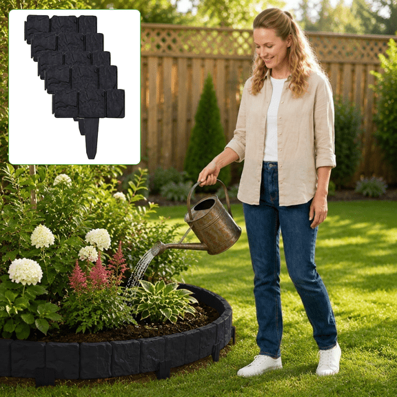 20 Pack Black 10X9 Inch Lawn Edging and Landscape Border, No Dig Garden Fence, Garden Edging Fence, Tree Ring Edging, Interlocking Imitation Stone Style Pound in Landscaping
