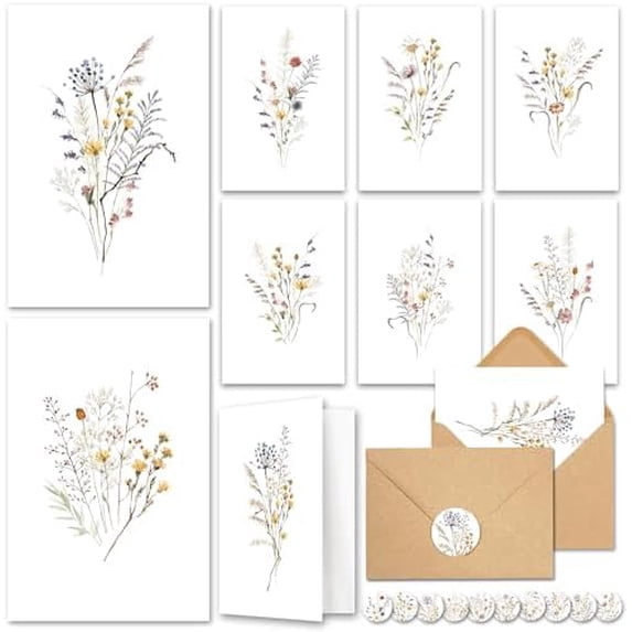 20 Pack Blank Cards and Envelopes 4x6 - Watercolor Wildflowers Blank ...