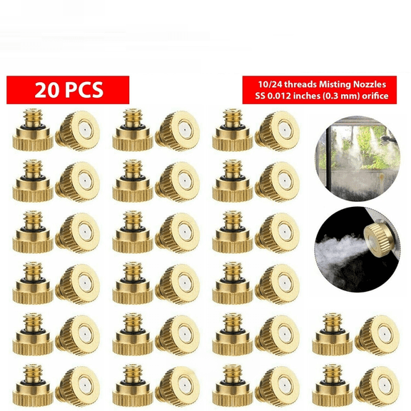 20-Pack Brass Misting Nozzles, 10/24 Thread Outdoor Cooling Patio Mister System with 0.3mm Orifice, Garden Water Sprayer Kit