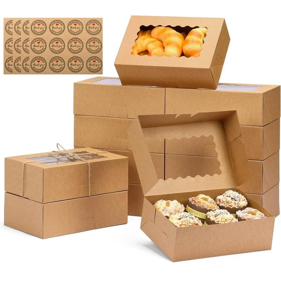 20 Pack Brown Cookie Boxes with Window & Stickers, 9x6x3 Inch Brown Bakery Boxes Pastry Containers for Chocolate Covered Strawberries, Candy, Muffins, Donuts